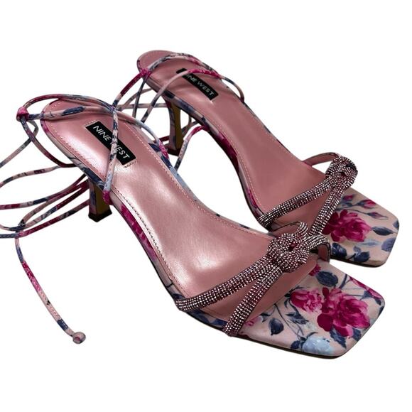 Nine West Raqchel Embellished Lace Up heels pink mystic garden print - 10 - Picture 2 of 13